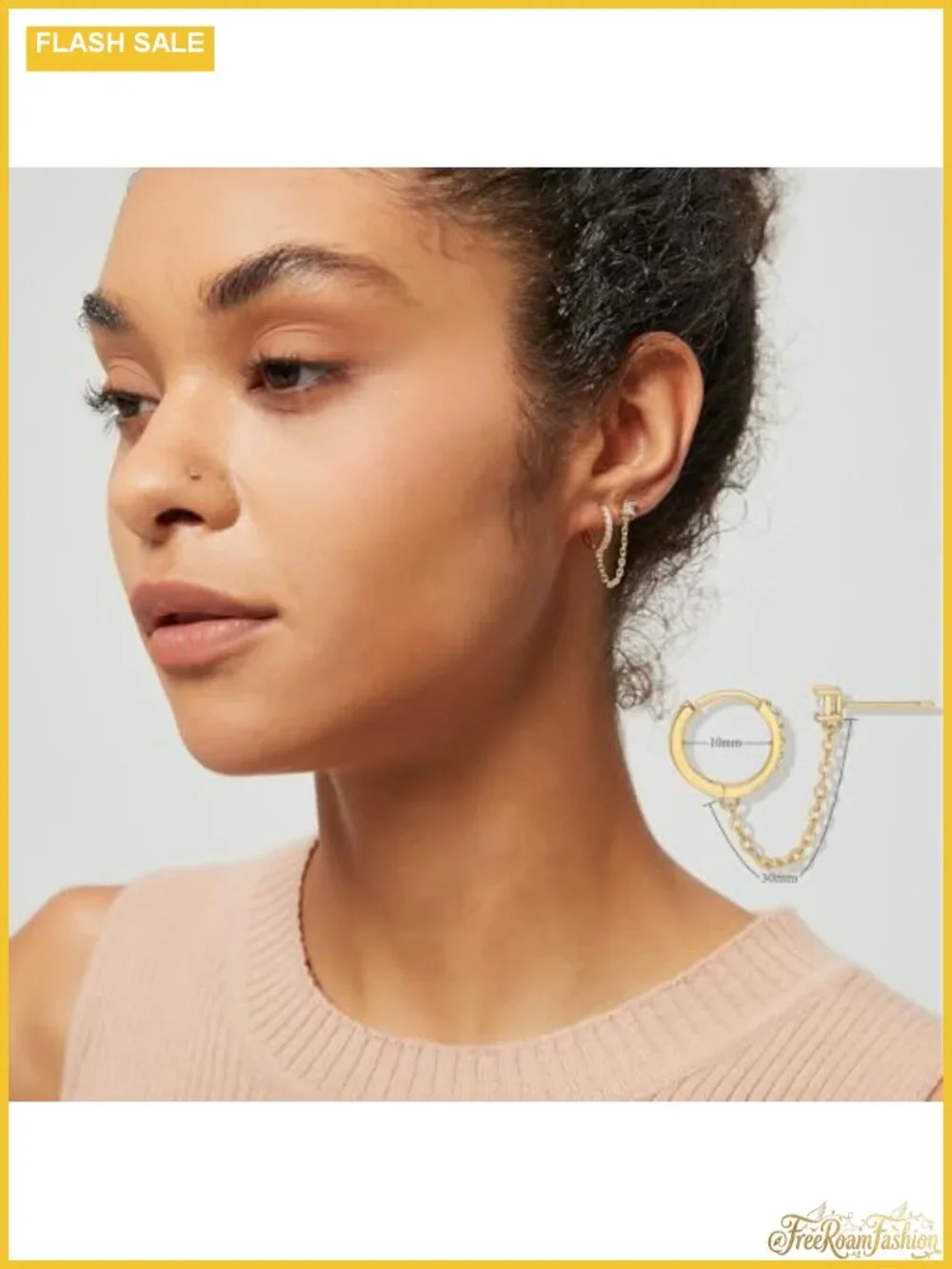 18K Gold Plated Sterling Silver Double Piercing Dangle Chain Huggie Hoop